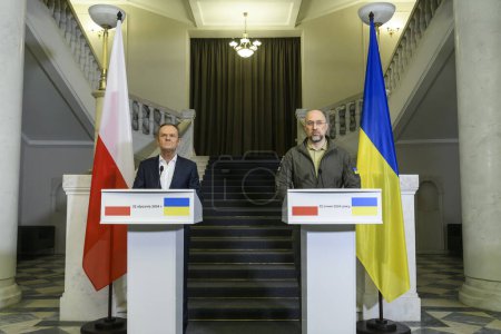 Photo for Polish Prime Minister Donald Tusk and Ukrainian Prime Minister Denys Shmyhal are attending a joint press conference in Kyiv, Ukraine, on January 22, 2024. High quality photo - Royalty Free Image