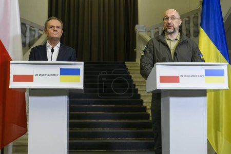 Photo for Polish Prime Minister Donald Tusk and Ukrainian Prime Minister Denys Shmyhal are attending a joint press conference in Kyiv, Ukraine, on January 22, 2024. High quality photo - Royalty Free Image