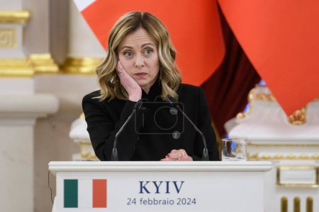 Photo for Italian Prime Minister Giorgia Meloni is attending a joint press conference with Ukraine's President Volodymyr Zelenskiy in Kyiv, Ukraine, on February 24, 2024. High quality photo - Royalty Free Image