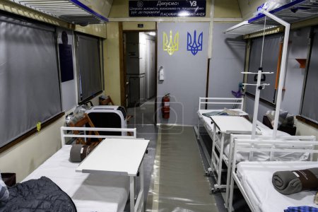 Medical wagon insode a special evacuation train with equipment, allowing to transport seriously injured servicemen and providing emergency medical aid right on the spot, Kyiv, Ukraine, March 29, 2024