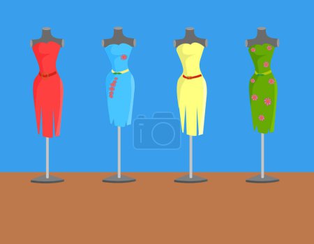 Illustration for Elegant ball gowns displayed on mannequins. Vector illustration. - Royalty Free Image
