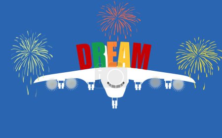 Illustration for An airplane carrying on its wings the text dreams. Vector illustration isolated on blue background for t-shirt design. - Royalty Free Image