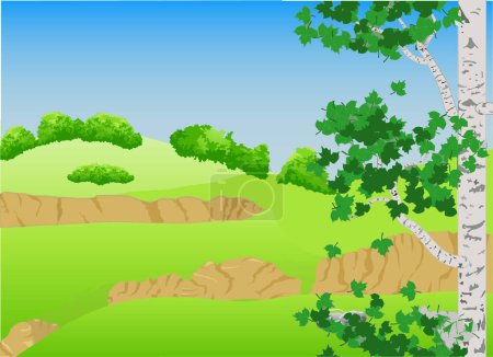 Illustration for Vector illustration of a landscape with ravines and a birch tree in the foreground. - Royalty Free Image