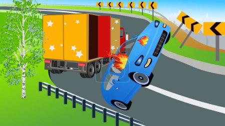 Illustration for Vector illustration representing a very dangerous situation an car crash on a mountain bend road. - Royalty Free Image