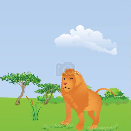 Téléchargez les illustrations : Illustration vectorielle représentant un lion marchant sur les champs dans la savane d'Afrique. - en licence libre de droit