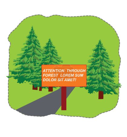 Téléchargez les illustrations : Carte forestière amusante avec une route et un panneau d'information. Illustration vectorielle. - en licence libre de droit