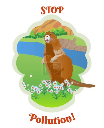 Illustration for Nutria on the background of a mountain river. Stop pollution text. Vector illustration isolated on white. - Royalty Free Image