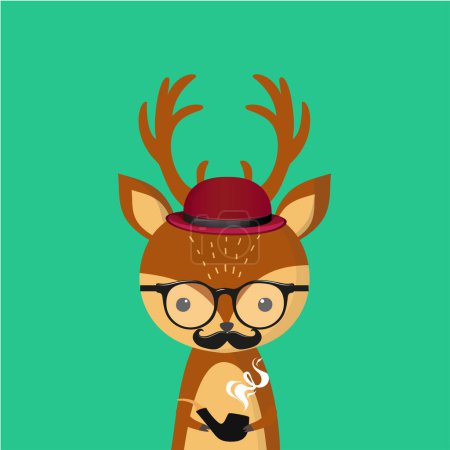 Illustration for Deer Poirot detective with glasses, a hat and a smoking pipe in his paw - Royalty Free Image
