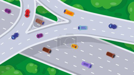 Illustration for Top view of highway junction. Road interchange or highway intersection with busy urban traffic. vector illustration - Royalty Free Image