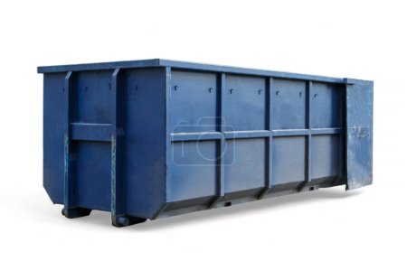 Latón de basura industrial azul duradero de metal para residuos callejeros aislados sobre un fondo blanco. Gran cesta de acero para residuos domésticos e industriales. Contenedor de residuos de construcción para la renovación del hogar