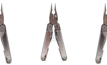 Photo for Modern steel multitool with many tools isolated on white background. Portable multitasking tool. Improved construction tools. Compact and portable product. Pocket knife. EDC concept - Royalty Free Image