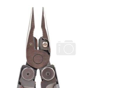 Photo for One modern gray iron open folding multifunctional knife on a white background. Multi-tool with advanced tools. Pliers close up. Compact and portable product. Pocket knife. EDC concept. Copy space - Royalty Free Image