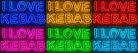 Banner of six neon shining signs of different colors on a brick wall with the inscription or slogan I love kebab. Brick wall, background. Bright electric neon light. Cafe-restaurant Doner Kebab