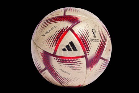 Photo for Lusail, Qatar. Dec 11, 2022. An Adidas Al Hilm Pro Soccer ball. An official match ball used in the FIFA World Cup semi-finals and final matches games. - Royalty Free Image
