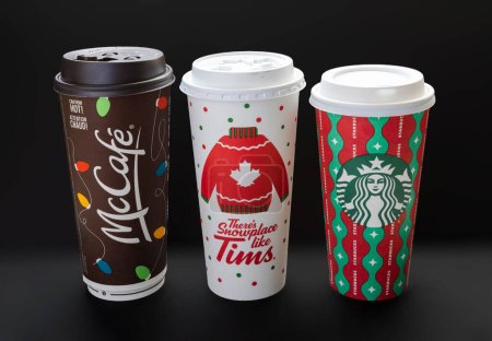 Photo for Calgary, Alberta, Canada. Dec 29, 2022. Most popular coffee cups drink during the holiday season. - Royalty Free Image