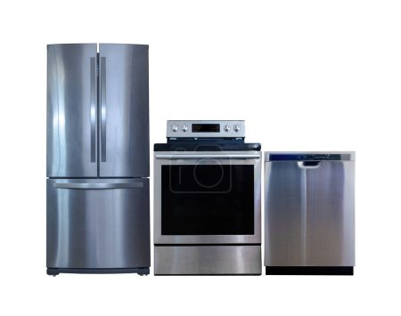 Foto de Household appliances on a white background. Home appliances. Electric cooker stove, refrigerator and washing machine. Energy efficient home appliances - Imagen libre de derechos