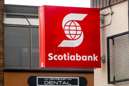 Photo for Calgary, Alberta, Canada. Apr 04, 2023. A Scotiabank neon sign. Canadian multinational banking and financial services company. - Royalty Free Image