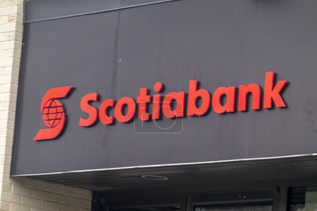 Photo for Calgary, Alberta, Canada. Apr 04, 2023. A Scotiabank sign on a location branch. The Bank of Nova Scotia, operating as Scotiabank. - Royalty Free Image