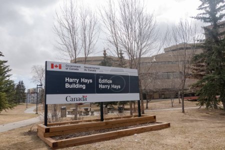 Photo for Calgary, Alberta, Canada. Apr 24, 2023. Close up to a Government of Canada building Harry Hays sign. - Royalty Free Image