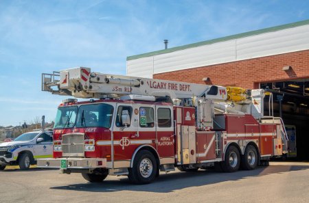 Photo for Calgary, Alberta. Canada. May 4, 2023. City of Calgary Fire department Aerial platform bus truck fire truck. - Royalty Free Image