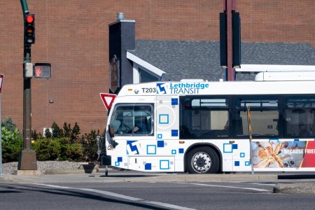 Photo for Lethbridge, Alberta, Canada. Jun 19, 2023. A front view of a Lethbridge transit bus. - Royalty Free Image