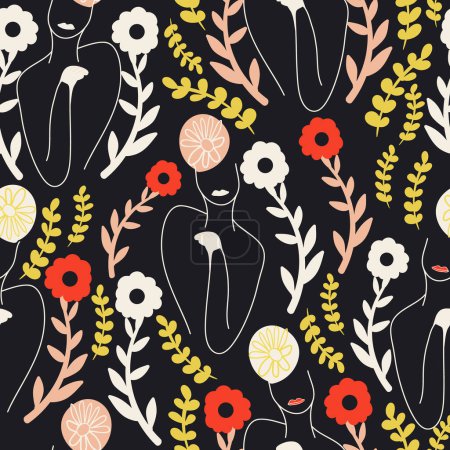 Red and white flowers and long stalks with figure outline seamless pattern background design. Great for party, textiles and home decor. Surface pattern design.
