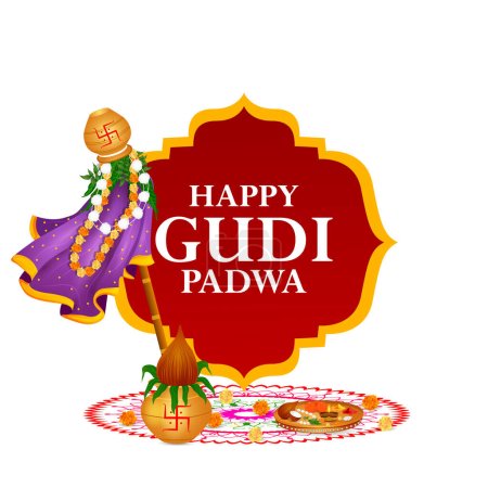 Ilustración de Fácil de editar ilustración vectorial del festival de primavera Gudhi Padwa para el tradicional Año Nuevo para marathi y konkani hindúes celebrados en Maharashtra y Goa - Imagen libre de derechos