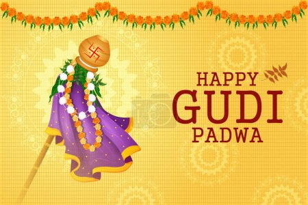 Illustration for Easy to edit vector illustration of Gudhi Padwa spring festival for traditional New Year for Marathi and Konkani Hindus celebrated in Maharashtra and Goa - Royalty Free Image