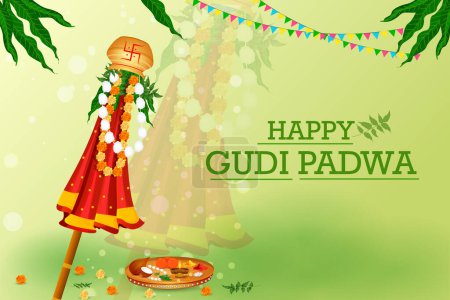 Téléchargez les illustrations : Illustration vectorielle facile à éditer du festival de printemps Gudhi Padwa pour le Nouvel An traditionnel pour les Marathi et les hindous Konkani célébré dans le Maharashtra et Goa - en licence libre de droit