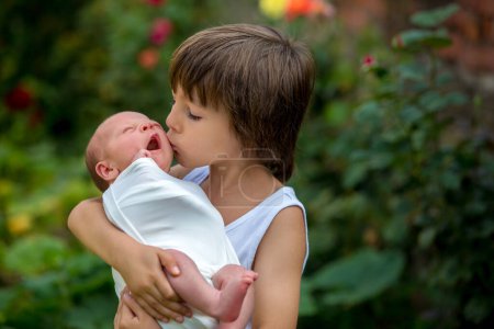 Photo for Little children, boys with a newborn brother in the park. Two little kids and brother standingin garden, hugging. Twin brothers kissing newborn baby. - Royalty Free Image