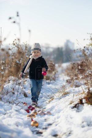 Téléchargez les photos : Enfant, tout-petit garçon, jouer avec des boules de Noël pour la décoration en plein air dans le parc par une journée enneigée - en image libre de droit