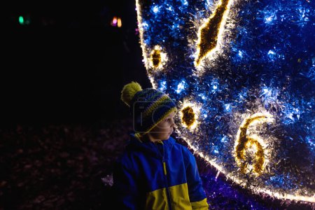 Téléchargez les photos : Cute child, boy, watching at lights in light show park, closeup - en image libre de droit