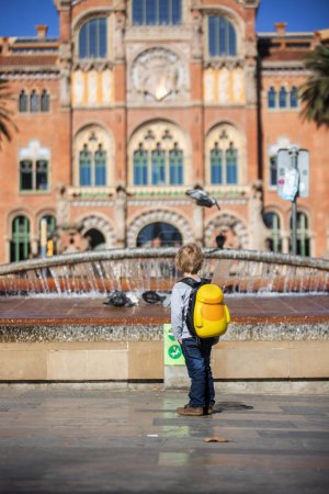 Photo for Cute little children tourists admiring Barcelona city, family travel with kids in Spain - Royalty Free Image