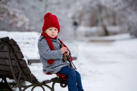 Téléchargez les photos : Beau tout-petit enfant, mignon garçon, jouer dans le parc enneigé heure d'hiver, journée nuageuse - en image libre de droit