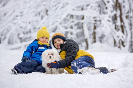 Photo for Sweet happy children, brothers, playing in deep snow in forest, frosted trees and beautiful landscape - Royalty Free Image