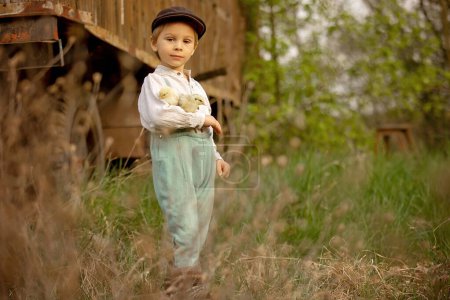 Foto de Hermoso niño pequeño, niño con ropa vintage, jugando con pequeños polluelos en el parque bajo el árbol floreciente en el jardín, al aire libre al atardecer - Imagen libre de derechos