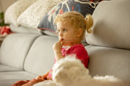 Téléchargez les photos : Cute little blond toddler girl, sitting in front of the TV with popcorn, watching movie with her pet maltese dog - en image libre de droit