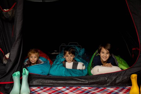 Téléchargez les photos : Children, sibilngs, sleeping in sleeping bags in a tent in Norway, wild camping - en image libre de droit