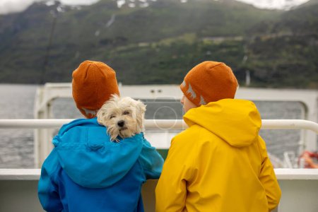 Téléchargez les photos : Family, kids and adults and a pet dog, enjoying trip to Geirangerfjord, amazing nature in Norway summertime - en image libre de droit