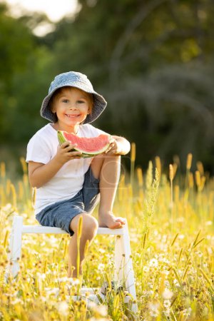 Foto de Cute little toddler child, blond boy, eating watermelon in beautiful daisy field on sunset - Imagen libre de derechos