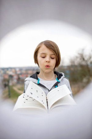 Photo for Beautiful child, boy, holding book, reading, playing, creative knowledge shot with book and letters - Royalty Free Image