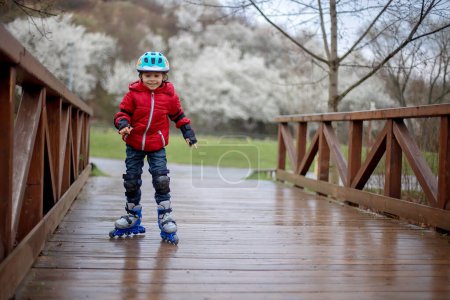 Téléchargez les photos : Petit enfant, garçon d'âge préscolaire en équipement de protection et patins à roues alignées, promenade dans le parc - en image libre de droit