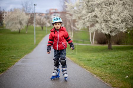 Photo for Little child, preschool boy in protective equipment and rollers blades, riding on walkway in park - Royalty Free Image