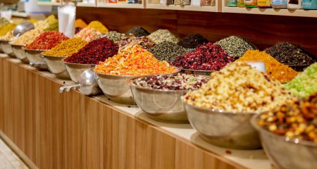 Photo for Food market in Jerusalem, bowls with dried fruit and traditional turkish delight sweet candy - Royalty Free Image