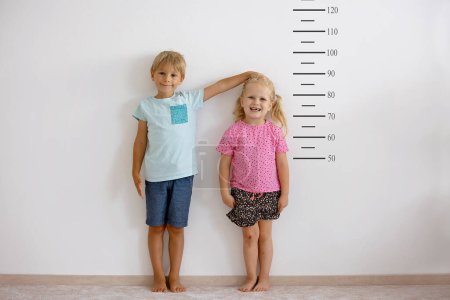 Téléchargez les photos : Petits enfants, garçons et filles blonds, mesurant la hauteur contre le mur dans la chambre, se comparant - en image libre de droit