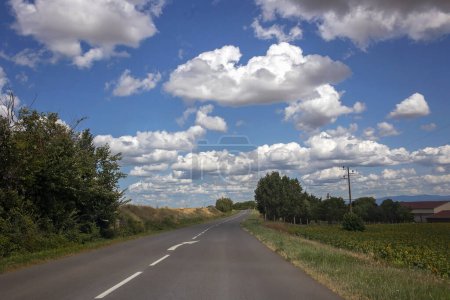 Téléchargez les photos : Paysage incroyable, scène rurale avec nuages, arbre et route vide été, champs de foin à côté de la route, été au Portugal - en image libre de droit