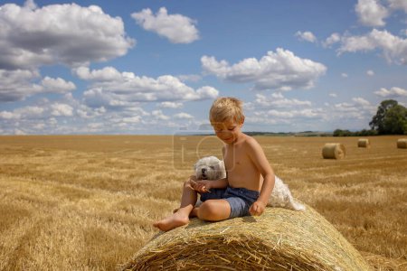 Photo for Beautiful blond child, boy, lying on a haystack in the field. Amazing landscape, rural scene with clouds, tree and empty road summertime, fields of haystack next to the road, summer in Portugal - Royalty Free Image