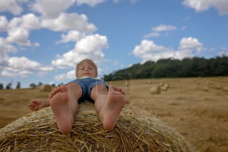 Photo for Beautiful blond child, boy, lying on a haystack in the field. Amazing landscape, rural scene with clouds, tree and empty road summertime, fields of haystack next to the road, summer in Portugal - Royalty Free Image