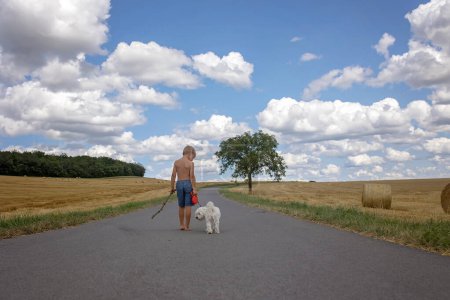 Photo for Beautiful blond child, boy, walking on rural road with his sweet little maltese pet dog. Amazing landscape, rural scene with clouds, tree and empty road summertime, fields of haystack next to the road, Portugal - Royalty Free Image