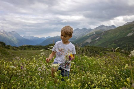 Téléchargez les photos : Belle enfant blonde, garçon, cueillette de fleurs sauvages de mère dans les montagnes en Suisse, été - en image libre de droit